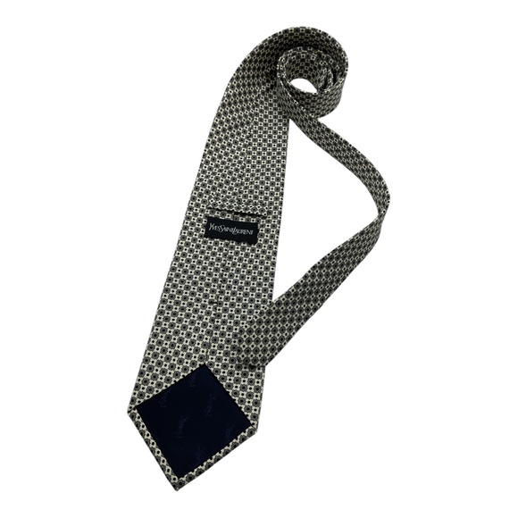 🆕YVES SAINT LAURENT Gray/Ivory Floral Polka Dot Silk LUXURY Tie ITALY - Picture 2 of 4
